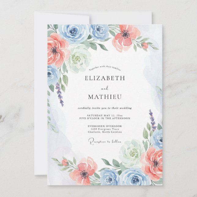 Coral Dusty Blue Blissful Spring Wedding Invitation (Front)