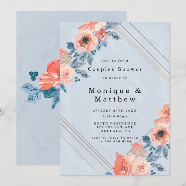 Coral Dusty Blue Geometric Couples Shower Invites (Front/Back)