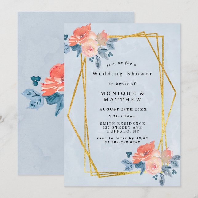 Coral Dusty Blue Gold Floral Wedding Shower Invite (Front/Back)