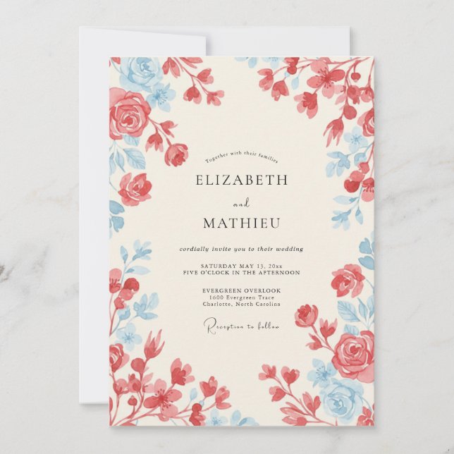 Coral Dusty Blue Romantic Spring Wedding Invitation (Front)