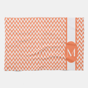 Coral Elegant Chevron Design with monogram Tea Towel