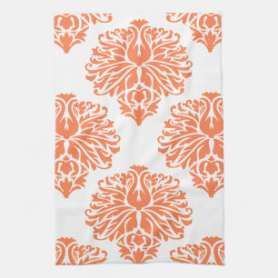 Coral Elegant Damask Tea Towel