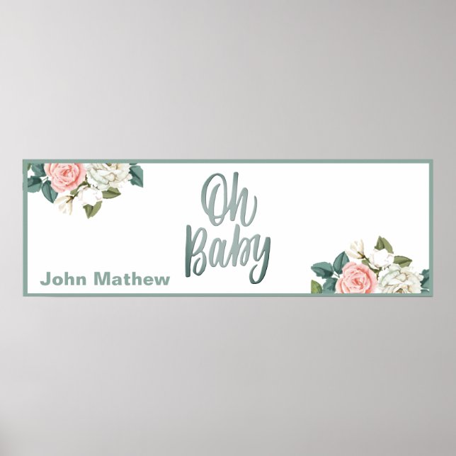 Coral Elegant Floral Baby Shower Party Banner   Poster (Front)