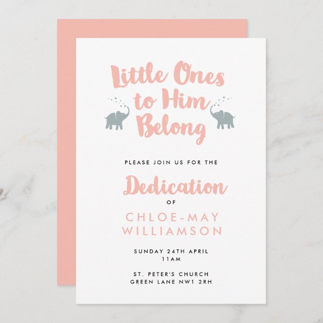 Coral Elephants Christian Dedication Invitation (Front/Back)
