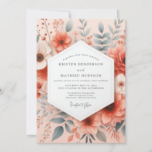 Coral Ethereal Bloom Wedding Invitation (Front)