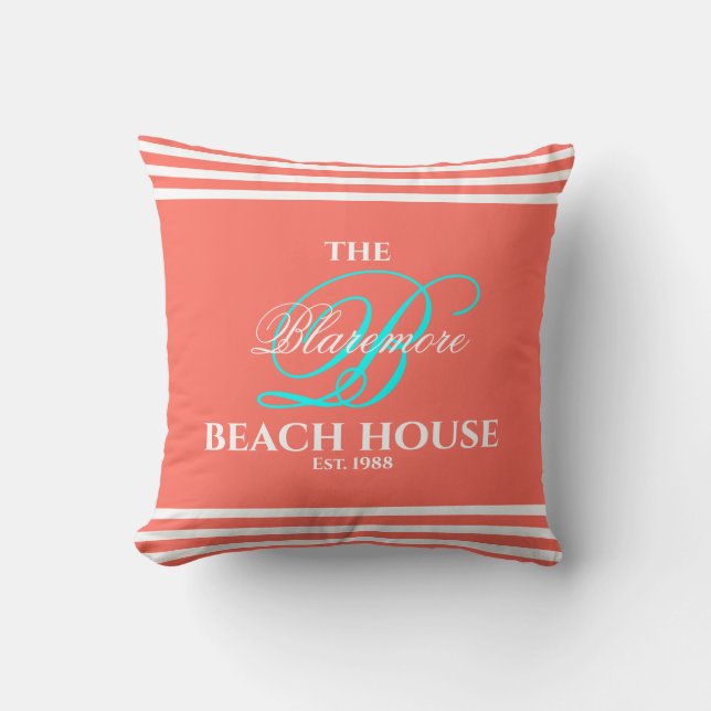 Coral Family Monogram Script Aqua Colour Initial Cushion (Front)