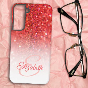 Coral Faux Glitter Ombre Chic Monogram Gift Idea  Samsung Galaxy Case
