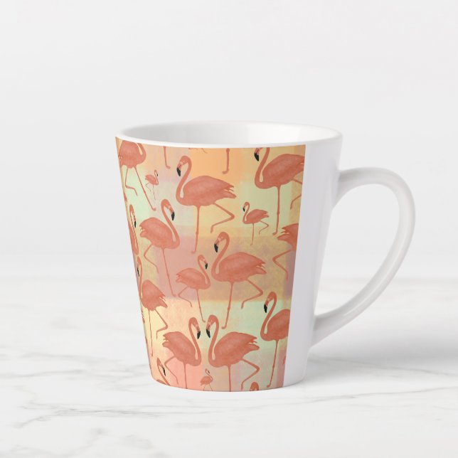 Coral Flamingo Plaid Patchwork Tropical Design Latte Mug (Right)