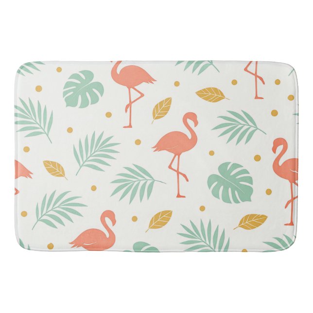 Coral Flamingo Tropical Leaf Pattern Bath Mat (Front)