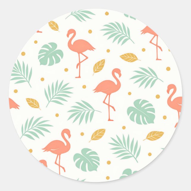 Coral Flamingo Tropical Leaf Pattern Classic Round Sticker (Front)