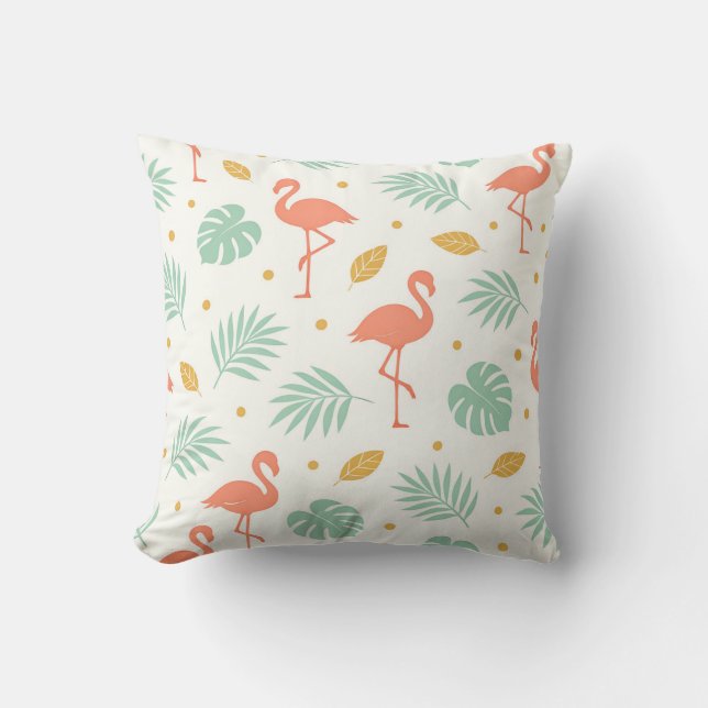 Coral Flamingo Tropical Leaf Pattern Cushion (Front)