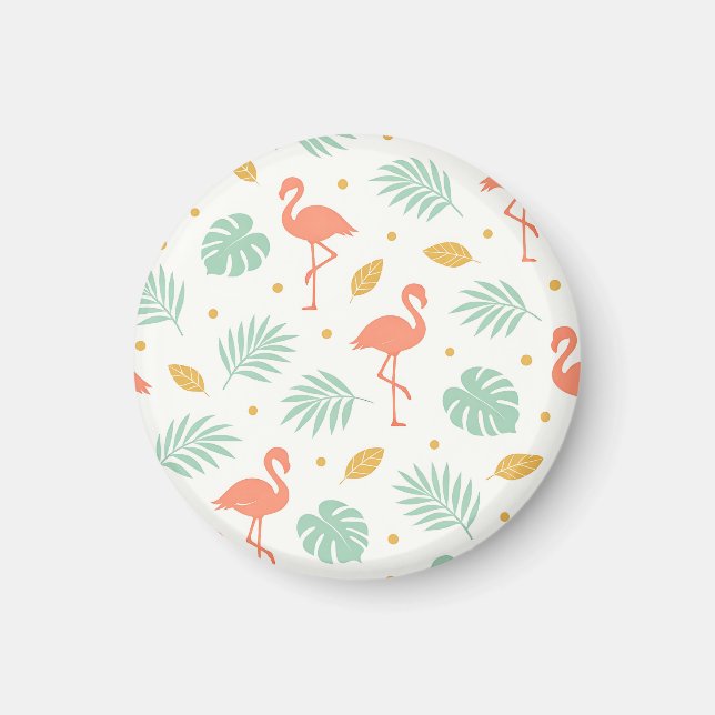 Coral Flamingo Tropical Leaf Pattern Magnet (Front)