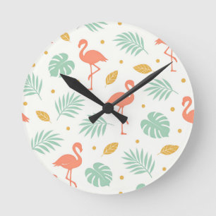 Coral Flamingo Tropical Leaf Pattern Round Clock