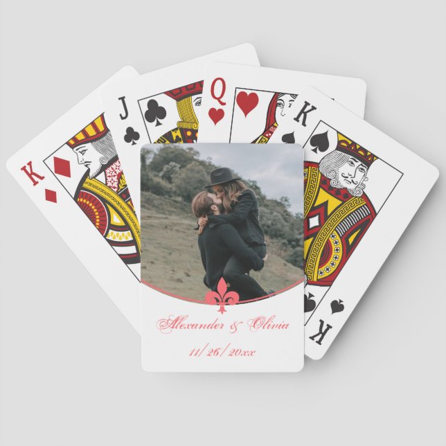 Coral Fleur de Lis Photo Wedding Playing Cards (Back)