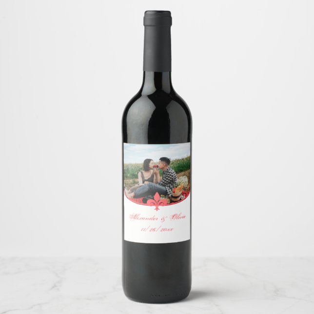 Coral Fleur de Lis Photo Wedding Wine Label (Front)