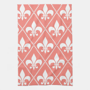 Coral Fleur de Lis Tea Towel