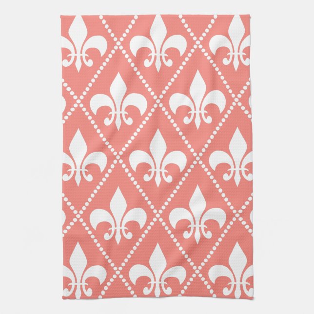 Coral Fleur de Lis Tea Towel (Vertical)