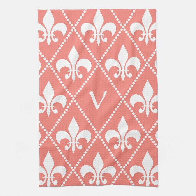 Coral Fleur de Lis with monogram initial Tea Towel (Vertical)
