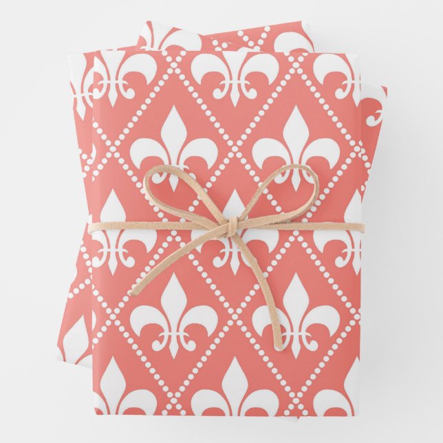Coral Fleur de Lis Wrapping Paper Sheet (In situ)