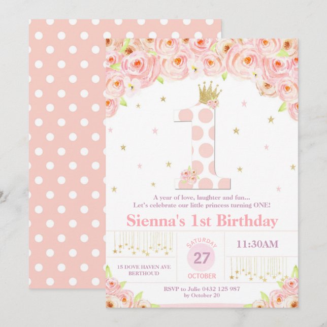 Coral Floral 1st Birthday Princess Invitation Girl (Front/Back)