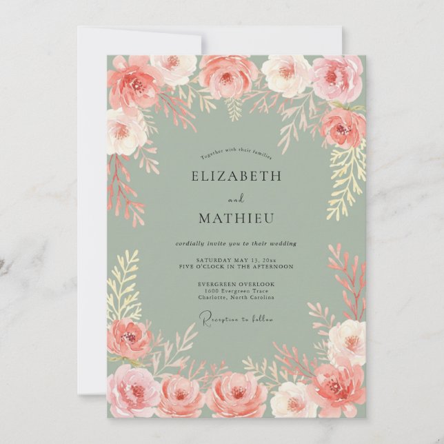 Coral Floral Arrangement Romance Wedding Invitation (Front)