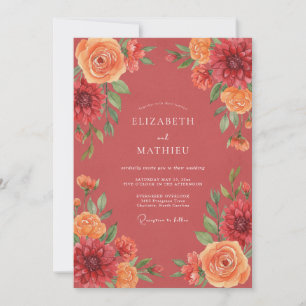 Coral Floral Artistic Wedding Invitation