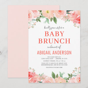 Coral Floral Baby Brunch Peach Watercolor Invitation