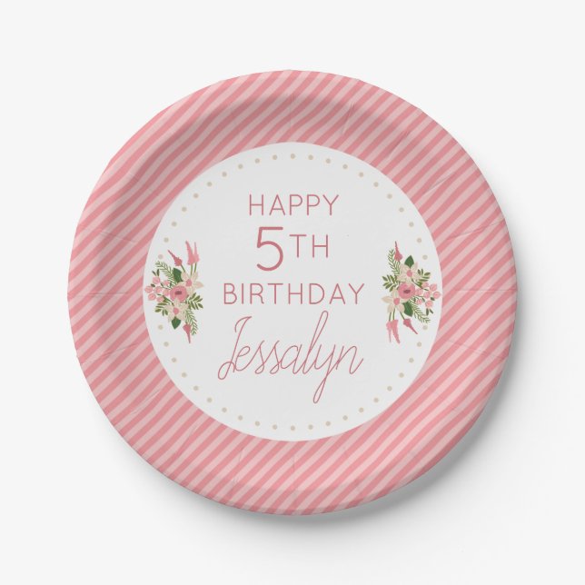 Coral Floral Birthday Personalised Paper Plate (Front)