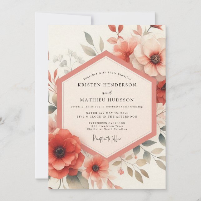 Coral Floral Bloom Wedding Invitation (Front)