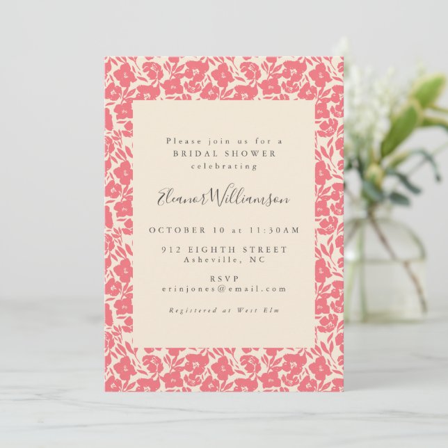 Coral Floral Bridal Shower Garden Script Elegant Invitation (Standing Front)