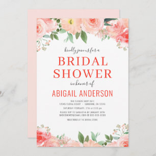  Coral Floral Bridal Shower Peach Watercolor Invitation