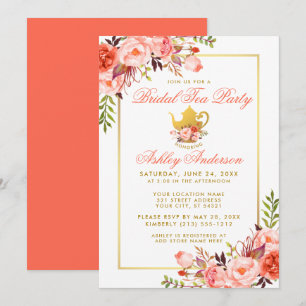Coral Floral Bridal Shower Tea Party Gold Invite