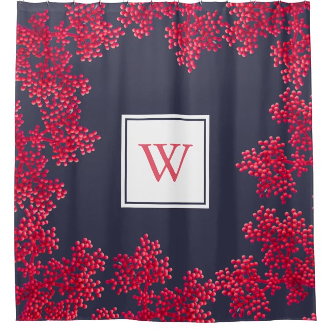 Coral Floral Buds Monogram Shower Curtain (Front)