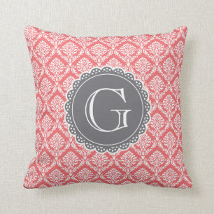 Coral Floral Damask Pattern Grey Monogram Cushion