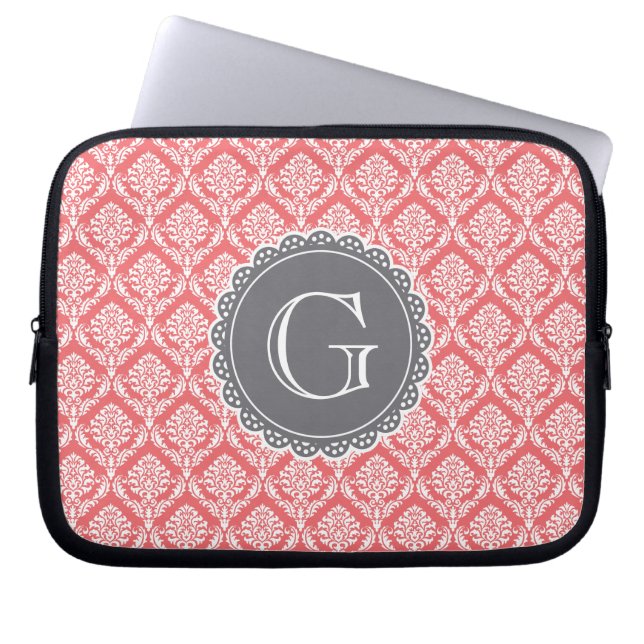 Coral Floral Damask Pattern Grey Monogram Laptop Sleeve (Front)