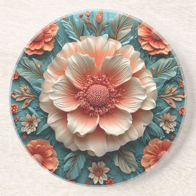 🌸 Coral Floral Elegant Table Decor  Coaster (Front)