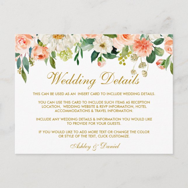 Coral Floral Gold Wedding Details Insert Card (Front)