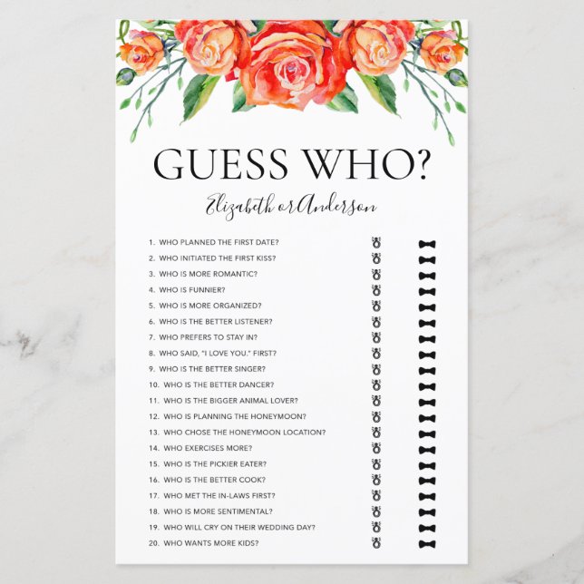 Coral Floral Guess Who Bridal Shower Game (Front)