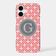 Coral Floral Lattice Pattern Grey Monogram