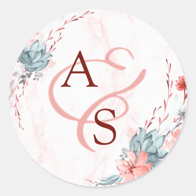 Coral Floral Marble Monogram Wedding Seal (Front)