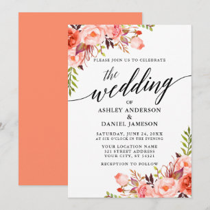 Coral Floral Modern Calligraphy Wedding Invitation