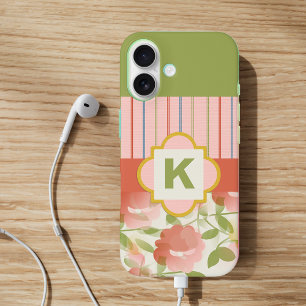 Coral Floral Monogram iPhone 16 Case