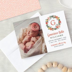 Coral Floral Monogram Wreath Baby Girl Photo Birth Announcement