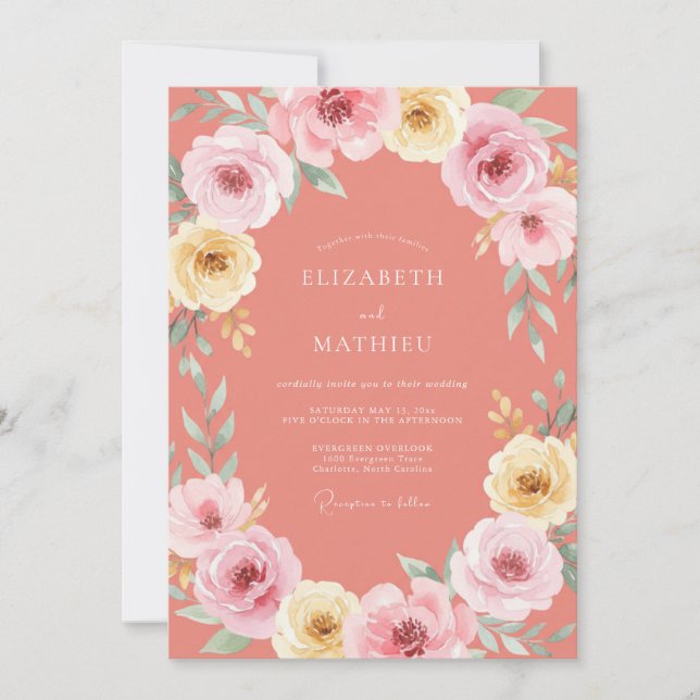Coral Floral Painterly Flourish Wedding Invitation (Front)