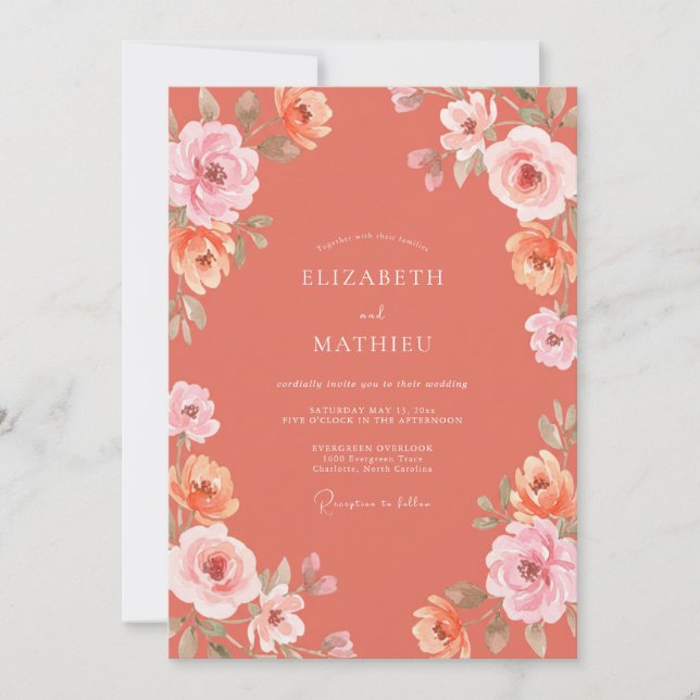 Coral Floral Painterly Romance Wedding Invitation (Front)