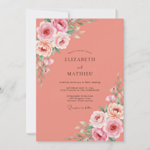 Coral Floral Painterly Wedding Invitation