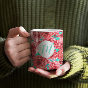 Coral Floral Pattern & Monogram Coffee Mug