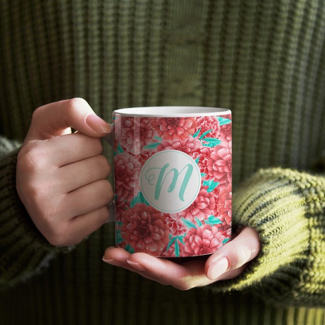 Coral Floral Pattern & Monogram Coffee Mug (Coral Floral Pattern Monogram Mug)