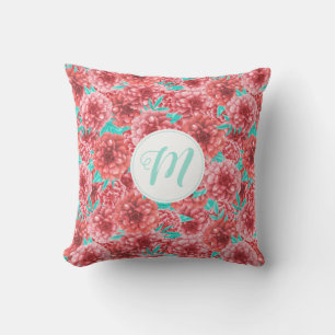Coral Floral Pattern & Monogram Cushion