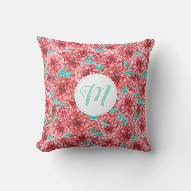 Coral Floral Pattern & Monogram Cushion (Front)